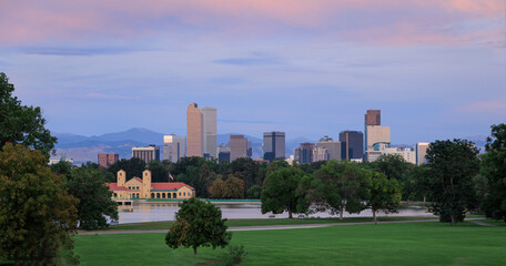 Denver Colorado Skyline with Pink Clouds at Sunrise