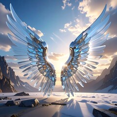Metallic angel wings over snowy landscape