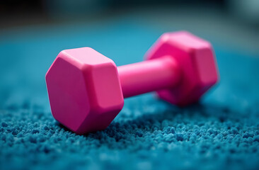 Pink dumbbell for fitness exercise on blue yoga mat background in fitness center - Health care concept