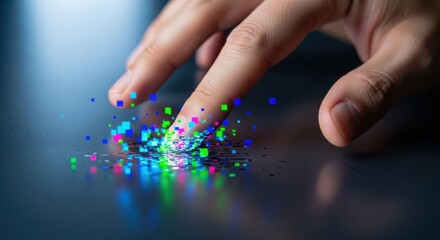 Finger touching a futuristic surface releasing colorful pixelated energy or data stream effect