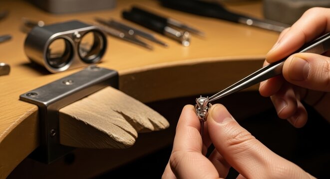 Detail oriented jeweler setting diamond on engagement ring in workshop with precision tools