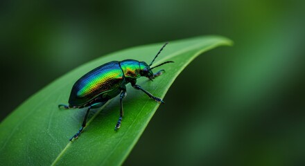 Naklejka premium Iridescent beetle resting gracefully on a vibrant green leaf surface