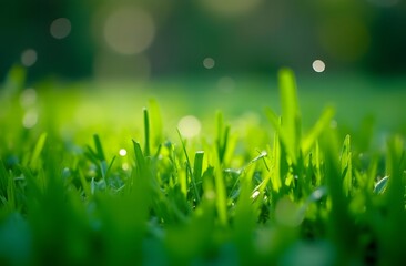 Grass. Fresh green spring grass with dew drops closeup. Sun. Soft Focus. Abstract Nature Background