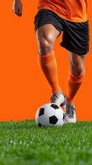 Fototapeta premium Male soccer player dribbling ball on grass field in orange uniform