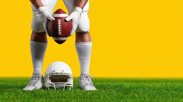 Football player holding ball with yellow background on green field