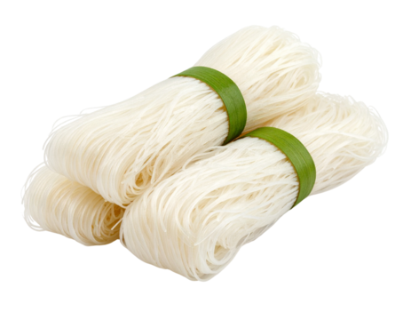 Double bundle of dry rice noodles tied with green ribbon isolated png transparent background
