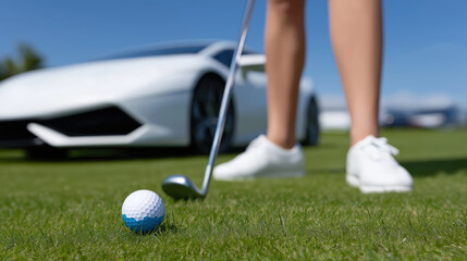 Young female preparing golf shot near luxury sports car on sunny day