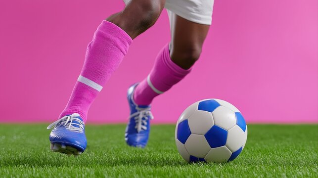 African young male soccer player kicking ball on grass against pink background