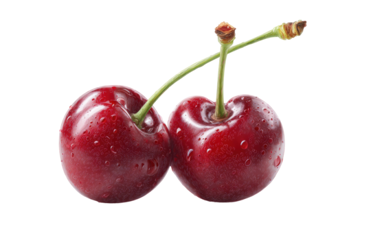Close-up of fresh red cherries with water droplets on stems, cut out
