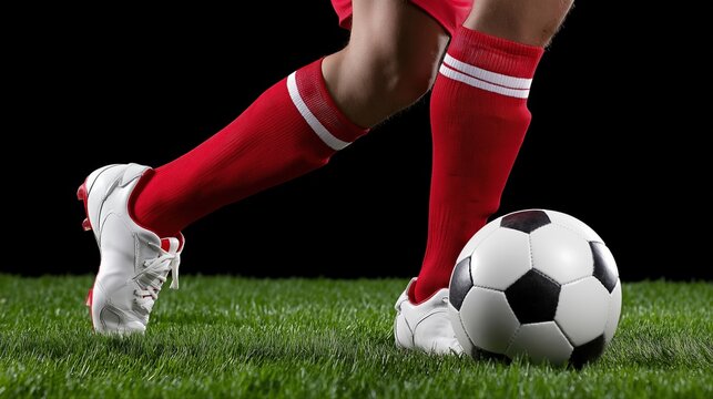 Caucasian male teen dribbling soccer ball on grass field at night