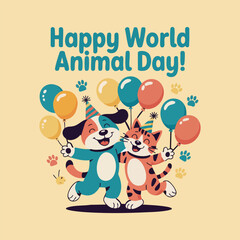 Cute animals cartoon vector for World Animal Day, support animal rights, wildlife protection, no cruelty, global pet care, save endangered species, happy animal characters, paw icon, animal peace