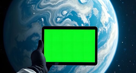 man with tablet computer green screen mockup