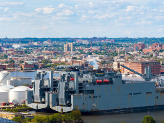 Aerial shot of office buildings, apartments and skyscrapers in the skyline in Baltimore Maryland USA