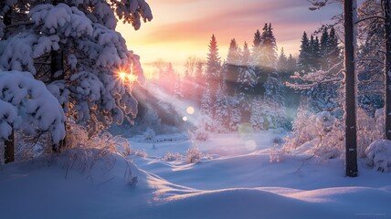 Winter forest sunset path with glowing golden hour light