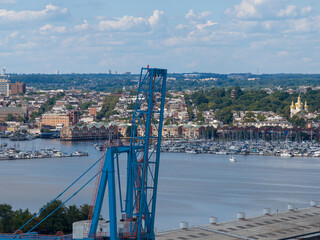 Aerial shot of boats and yachts docked on the Patapsco River in Baltimore Maryland USA