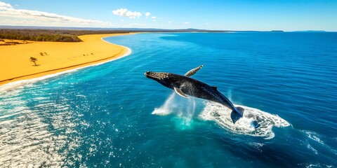 Aerial view of a majestic humpback whale breaching in turquoise ocean waters near a stunning golden sand beach, showcasing vibrant summer colors and a breathtaking wildlife spectacle.