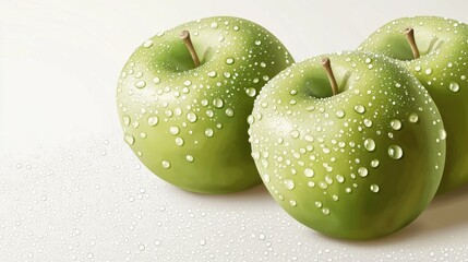 Fresh green apples glistening with dew drops, perfect for healthy eating campaigns or vibrant product shots, capturing crisp refreshment and natural goodness