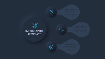 Neumorphic flowchart dark iinfographic. Creative concept for infographic with 3 steps or processes.