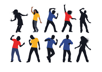 A collection of ten diverse people dancing joyfully together in silhouette.