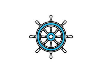 An ornamental nautical ship wheel with a teal blue rim and spokes.