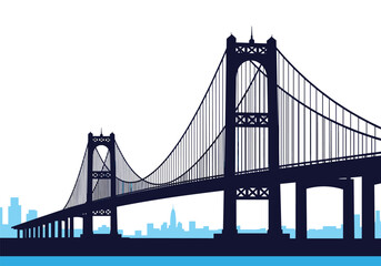 Fototapeta premium A silhouette of a large suspension bridge spans across the water against a backdrop of a city skyline.