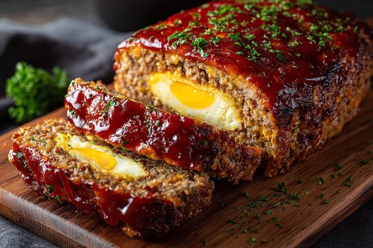 Savory meatloaf glazed with sweet ketchup and topped with fresh herbs, sliced to reveal a hidden egg center, perfect for a comforting family meal