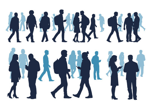 A diverse group of people walking in different directions.