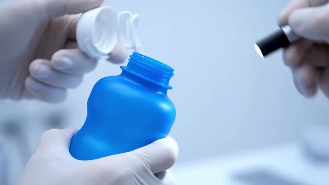Medical professional in sterile gloves inspects a blue plastic bottle with a penlight in a clinical laboratory setting