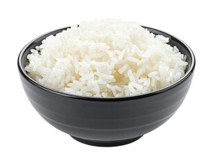 Cooked white rice in black bowl isolated png transparent background