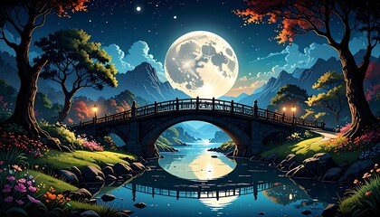 Dreamy night scene, bridge over tranquil water