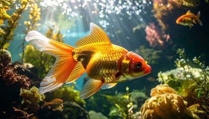 Goldfish in an aquarium, sunbeams