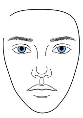 Minimal outline of abstract human face with blue eyes and eyebrows, outline for makeup and beauty tutorials. Head for drawing and educational use.