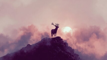 Majestic deer stands vigilant on a mountain peak, bathed in a soft, rosy light as the sun peeks through the mist.