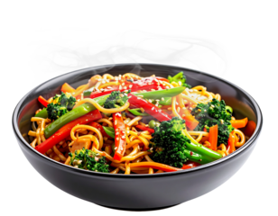 Stir fried noodles with vegetables and broccoli in bowl isolated png transparent background