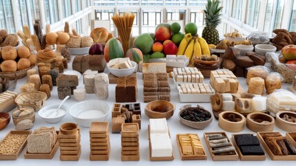 Fototapeta premium Various types of natural food items are arranged on a table, featuring fruits, snacks, and desserts, all in a sunlit environment