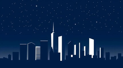 modern urban city skyline at night with tall glowing skyscrapers under starry sky illustration