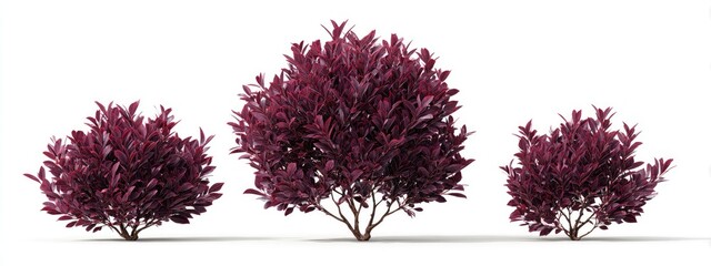 Three deep burgundy shrubs of varying sizes