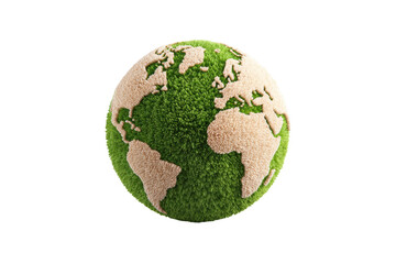 Lush green earth with textured continents on black background, cut out