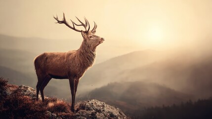Obraz premium Majestic deer stands atop a misty mountain peak, bathed in the warm glow of sunrise.