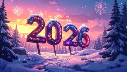 Festive New Year's scene with illuminated 2026 numbers