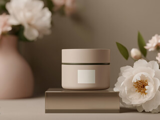 Cosmetic Cream Jar Mockup in Soft Pink with Flowers on Transparent Stand