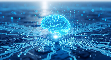 Artificial intelligence brain illuminates a complex digital circuit board, symbolizing advanced technology, machine learning, and neural network data processing for future innovation