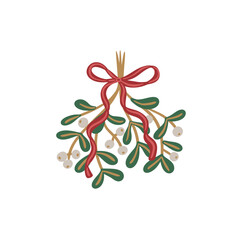 Mistletoe branches with white berries tied with red ribbon. Hand drawn vector isolated illustration. Winter holiday decoration. Christmas and New Year celebration. Design for greeting card, invitation