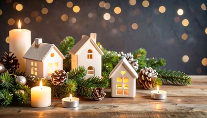 Cozy Christmas Scene: Illuminated White Houses, Candles, and Pine Branches