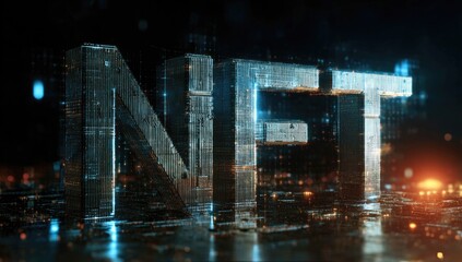 Futuristic, metallic "NET" in 3D, illuminated by glowing city lights