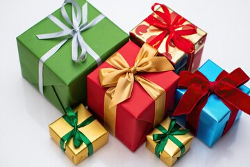 Colorful gift boxes with ribbons and bows arranged together.