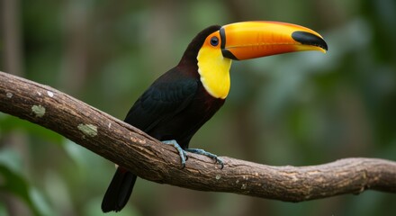 Fototapeta premium Chestnut-mandibled Toucan perched on a branch in a tropical rainforest environment with its striking colors