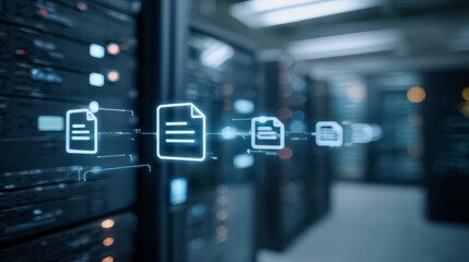 Computer server room with a series of icons on the wall. The icons are all different shapes and sizes