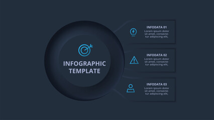 Neumorphic flowchart dark iinfographic. Creative concept for infographic with 3 steps or processes.