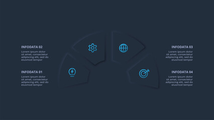 Neumorphic flowchart dark iinfographic. Creative concept for infographic with 4 steps or processes.